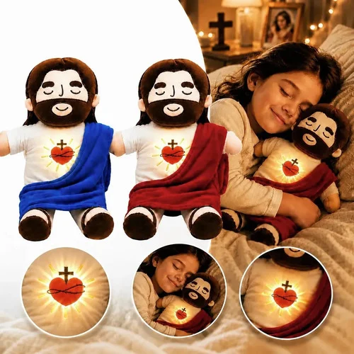 Boneco Pelúcia Jesus Respira Acalma Alivia Ansiedade Luz Som Vermelho/azul