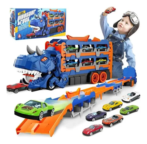 Brinquedo Caminhão Dinossauro De Engolir 6 Carrinhos Transformável Pista Grande Maleta Infantil 7 Em 1 Azul Presente Compatível Com Hot Wheels Super Brasileirinho