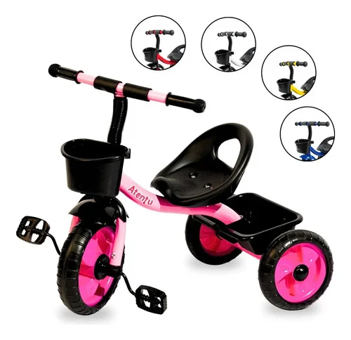 Brinquedo triciclo de 3 rodas para crianças com cesto de bolhas rosa chiclete Atentu triciclo infantil motoca