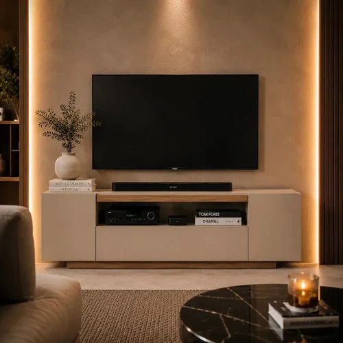 Buffet Aparador Rack Tv Até 50 Off White Amadeirado 120cm 2 Portas 1 Gaveta Nicho Moderno