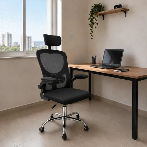 Cadeira De Escritório Ergonômica Ravena Apoio Lombar E Nuca Preto Espuma, Mesh Respirável