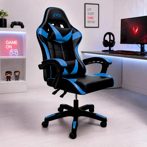 Cadeira De Escritório Gamer Ergonômica Reclinável Estofado Couro Sintético Altura Ajustável Cor Azul Oblivion Nienz