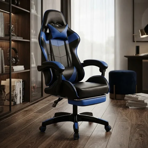 Cadeira Gamer Br Reclinável Com Apoio Para Pés Preto E Azul