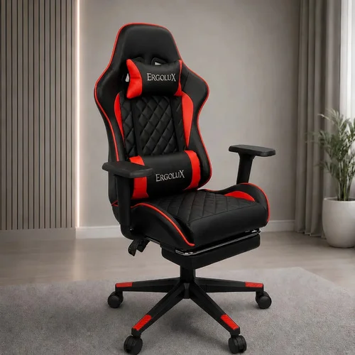 Cadeira Gamer Ergonômica Ergolux Eclipse Reclinável 90° a 135° para Escritório e Home Office Suporta 150kg em Couro Sintético com Apoio para Pés Braços 360° e Altura Ajustável Preto e Vermelho