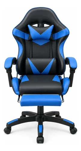 Cadeira Gamer Reclinável Com Apoio De Pés E Almofadas Azul Couro Sintético