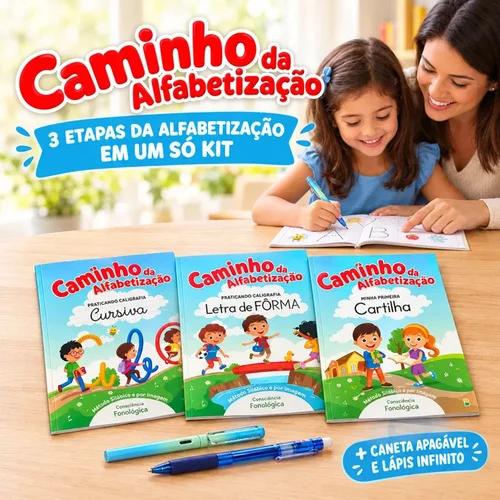 Caderno Caligrafia Caminho da Alfabetização 3 volumes Minha Primeira Cartilha, Praticando Letras de Forma e Cursiva + Lápis Infinito + Caneta Apagável, Reforço Escolar Educativo Louis Riel Acústico