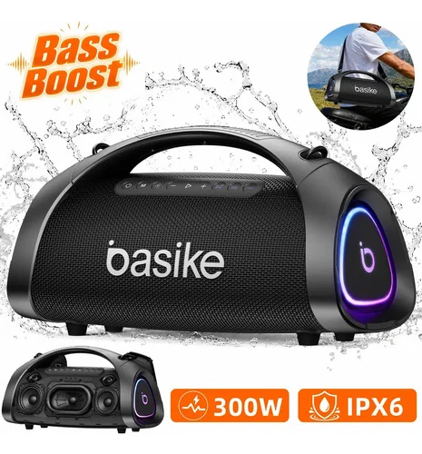 Caixa de Som Portátil Basike Boombox 300W, Bluetooth Com LED RGB e Power Bank