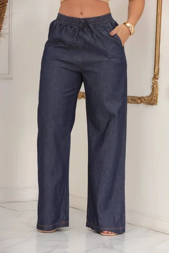 Calça Jeans Feminina Pantalona Cintura Elástico Wide Leg