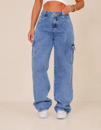 Calça Jeans Feminina Wide Leg Cintura Alta Cargo Pantalona