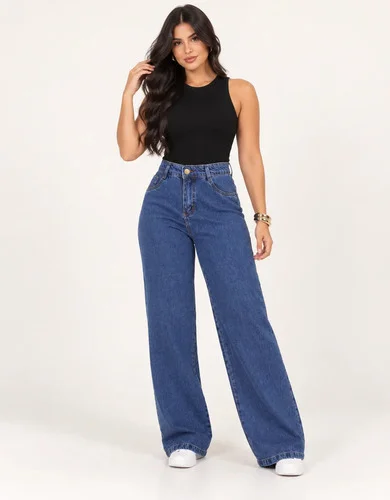 Calça Jeans Feminina Wide Leg Cintura Alta Pantalona Larga