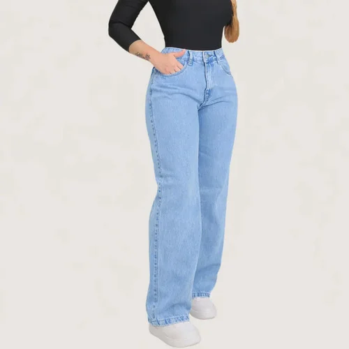 Calça Jeans Feminina Wide Leg Pantalona Solta Tecido Premium