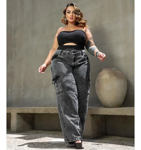 Calça Jeans Plus Size Feminina Wide Leg Cargo Premium Preto Liso 50
