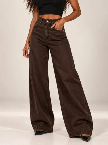Calça Wide Leg Barra Larga Estilo Ouver Marrom 40