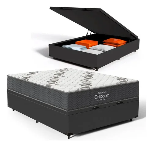 Cama Box Baú E Colchão Espuma D33 Ortobom Airtech 100 Casal Preto