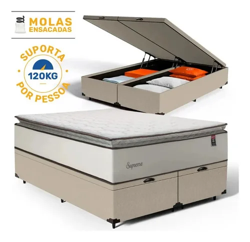 Cama Box Baú Queen + Colchão Molas Ensacadas Pillow Supreme Cor Bege