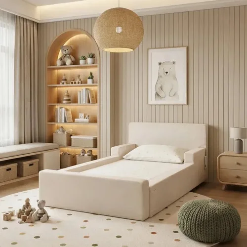 Cama Infantil Montessoriana Encanto 100% Espuma D26 Com Proteção Lateral Segurança E Conforto Para Menino E Menina Capa Removível Com Colchão Cor Bege - JB Estofados