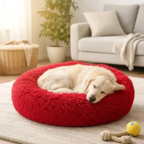 Cama Pet Donut Pelucia Redonda G 60x60 Caminha Nuvem Dog Cat Cor Vermelho Desenho Liso