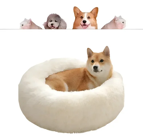 Cama Pet Donut Redonda G 60x60 Caminha Peluciada Nuvem Dog Cor Creme Desenho Liso