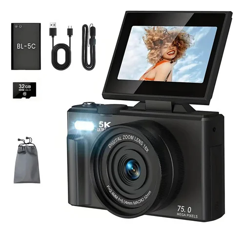 Câmera Digital 5k 75mp Zoom 18x Tela Flip 3'' Com Flash Preto