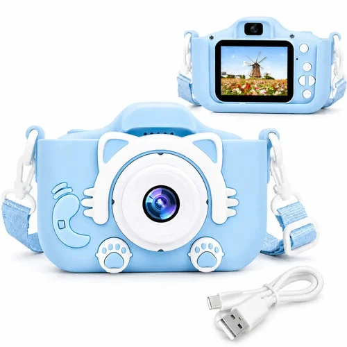 Câmera Digital Infantil Gatinho para Criança, Máquina Fotográfica Infantil com Foto, Vídeo, Jogos, Tela LCD, Capa Antichoque, Alça, Recarregável, Presente para Menina e Menino, Rosa ou Azul, Uso Fácil