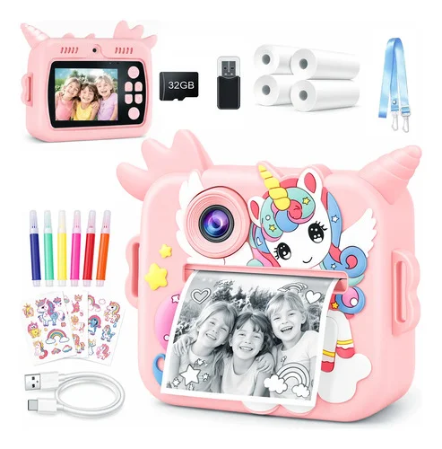 Câmera Infantil Impressão Instantân Recarregável Com Sd 32gb Rosa