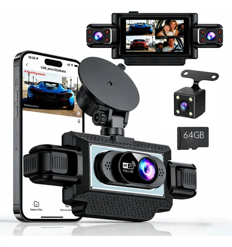Câmera Veicular Com Gravação Dupla (frontal E Traseira), Dashcam Em Hd 1080p A Partir Da Câmera Interna, Visão Noturna, Sensor De Gravidade, Inclui Cartão De Memória De 64 Gb