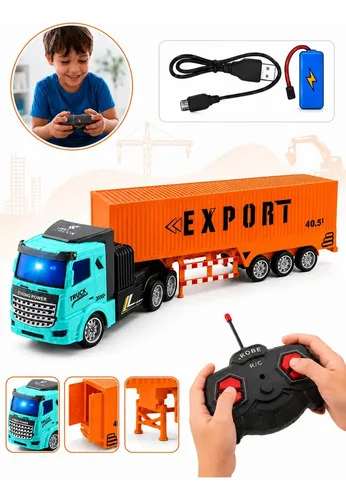 Caminhão Carreta de Controle Remoto Grande Baú Truck Recarregável USB com Luzes Frente Ré Esquerda e Direita 34,5cm Brinquedo Infantil Laranja Kizumba