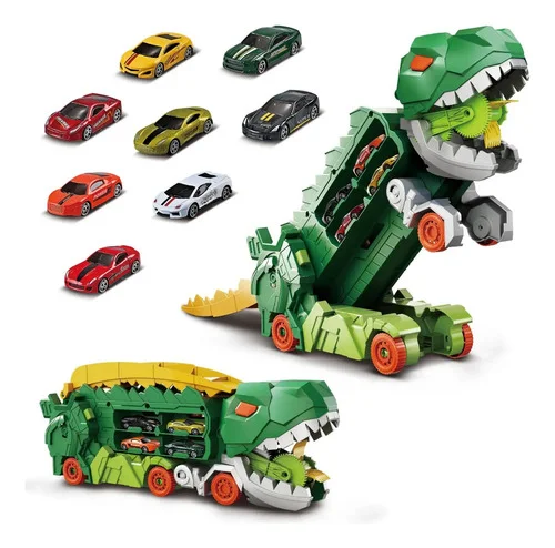 Caminhão Dinossauro Pista Com Carrinhos Maleta Transporte Cor Verde