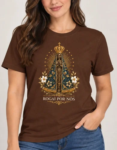 Camiseta Tshirt Feminina Nossa Senhora Aparecida Católica Marrom Nossa Senhora M Estampa Localizada