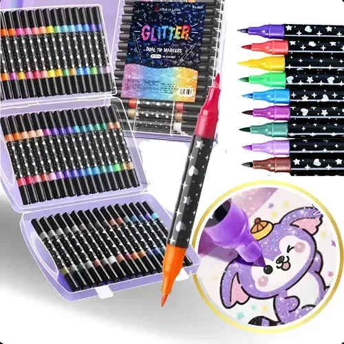Canetinha Glitter Estojo 48 Canetas 96 Cores Ponta Dupla Colorido