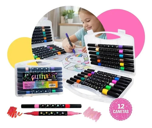 Canetinhas Glitter Estojo 12 Canetas Ponta Dupla 24 Cores Preto Glitter Gurumania
