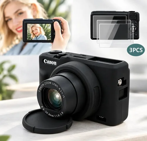 Capa silicone Macia Preta Canon PowerShot G7 X Mark Iii para Câmera Vlog 4K com 3pc película Vidro Temperado tripé Interface e Tampa protetora lente