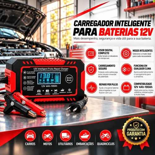 Carregador de Bateria 12V 6A Bivolt Inteligente Carro Moto Caminhão 100Ah Com Função Reparo Display Digital Proteção Carga Emergencia Portátil Resistente Eficiente Multifuncional Eletric Teck