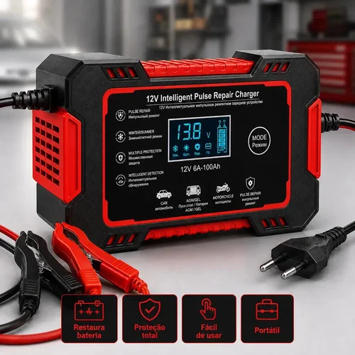 Carregador InteIigente 12V 6A Bivolt com Display Digital para Bateras 4Ah a 100Ah Carro Moto Utilitário Barco Caminhão