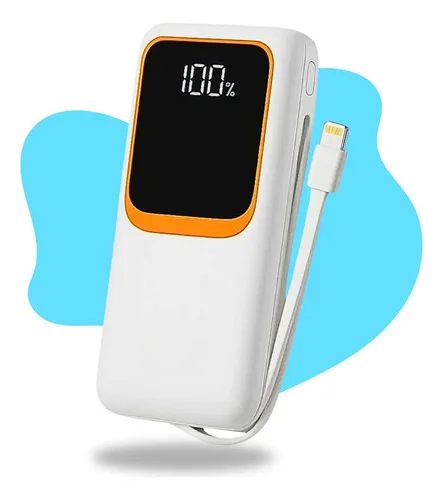 Carregador Portátil 20000mah Turbo 22.5w Power Bank Rápido Universal Com Cabos Integrados Tipo C E los Para Celular Samsung iPhone Xiaomi Motorola Smartwatch Tablet Voo Transporte Aéreo Branco