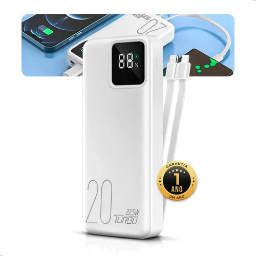 Carregador Portátil Power Bank 20.000mah Turbo Celular Carga Rápida 22.5w Premium Display Visor Grande Universal Usb-c Viagens los E Android Compatível Com IPhone Samsung Motorola Xiaomi Branco Nixzen