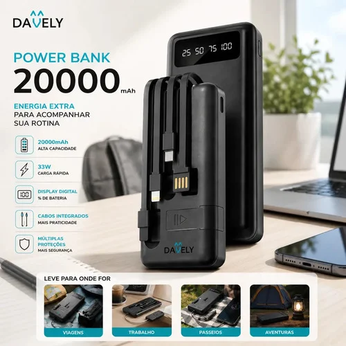 Carregador Portátil Power Bank de 20.000mah para Celular com 4 Cabos Integrados e Suporte Retrátil Com Visor Led Carga Turbo Bateria Externa Cabos Integrados Carregador Celular Portátil Preto Davely