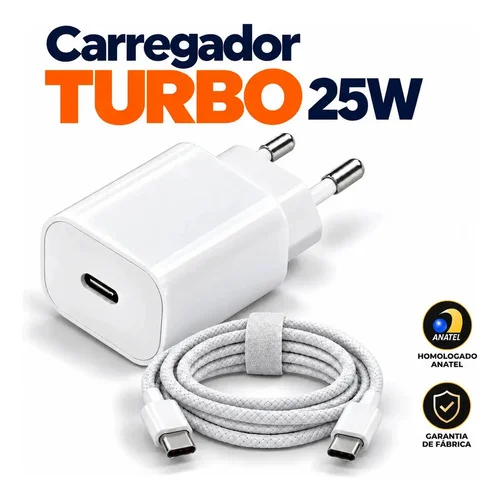 Carregador Turbo Usb-c Com Cabo Tipo C 1 Metro Trançado Branco Fonte De Carregamento Turbo, Alta Potência, Seguro E Compatível Com Iphone 15 16 17 18 Android Eletric Teck