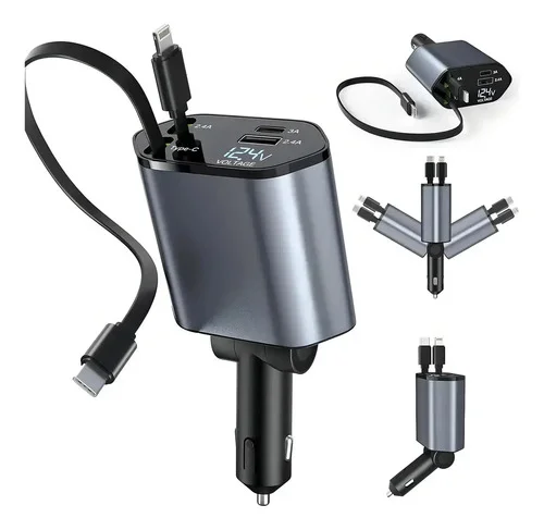 Carregador Veicular Cabo Retrátil Turbo 4 Em 1 Tipo C Cinza