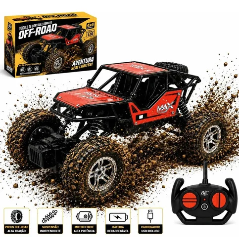 Carrinho Controle Remoto Off Road Monster Truck Recarregavel Vermelho E Verde