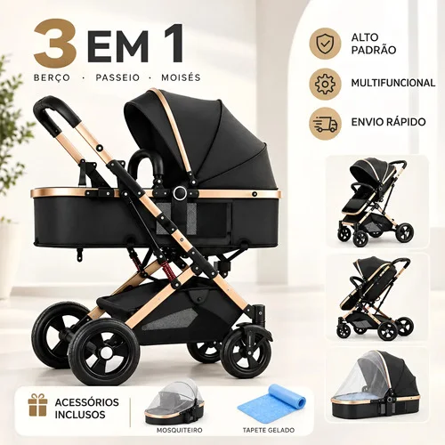 Carrinho De Bebê 3 Em 1 Reclinável Berço Preto Dourado Preto