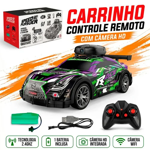 Carrinho de Controle Remoto com Câmera HD Wifi Roxo Recarregável Transmissão via App Celular Brinquedo Infantil