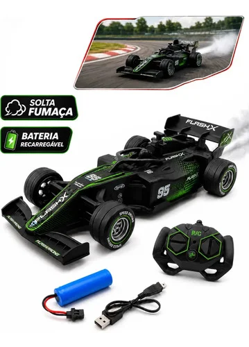 Carrinho de Controle Remoto Fórmula 1 F1 que Solta Fumaça Recarregável USB com Luzes LED Carro de Corrida 2.4 GHz 8 km/h Escala 1:18 Preto Kizumba