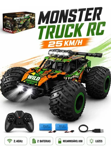 Carrinho de Controle Remoto Monster Truck Off Road 25 km/h Escala 1:16 Carro de Controle 2.4 GHz Recarregável com 2 Baterias Corpo em Liga Metálica Preto Kizumba