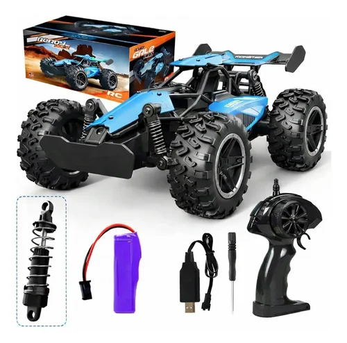 Carrinho de Controle Remoto Off Road Alta Velocidade 20 km/h 2.4 GHz Escala 1:18 Suspensão Independente Pneus Borracha Bateria Recarregável Carro RC Kizumba Cor Azul