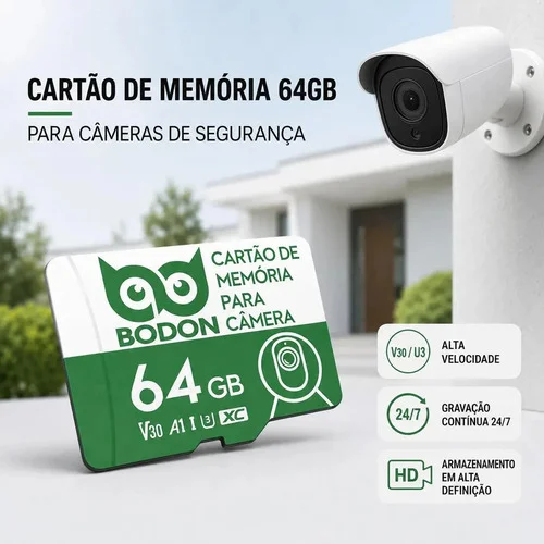 Cartão De Memória MicroSD 64GB Bodon Para Câmera De Segurança Monitoramento Premium
