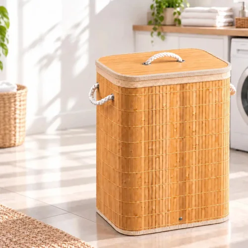 Cesto Bambu Organizador Roupa Suja Banheiro Lavanderia com Forro Removível Dobrável Decoração Casa Multifuncional Armazenamento Toalha Brinquedo Quarto Residencial Elegante Prático Resistente