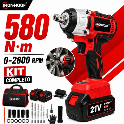 Chave De Impacto IRONHOOF Potente Brushless Bivolt Profissional Com 2 Baterias