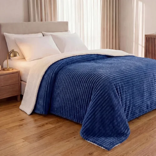 Cobertor Casal 2,20x1,80 Sherpa Canelada Aveludado Manta 2 Kg Azul