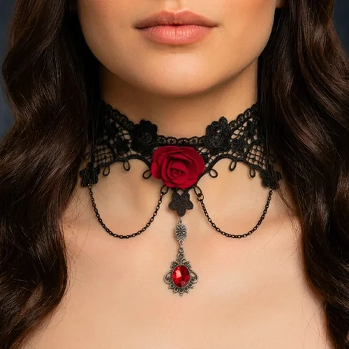 Colar Gargantilha Chocker Gótico Renda E Pingente - Ab86 Vermelho E Prata